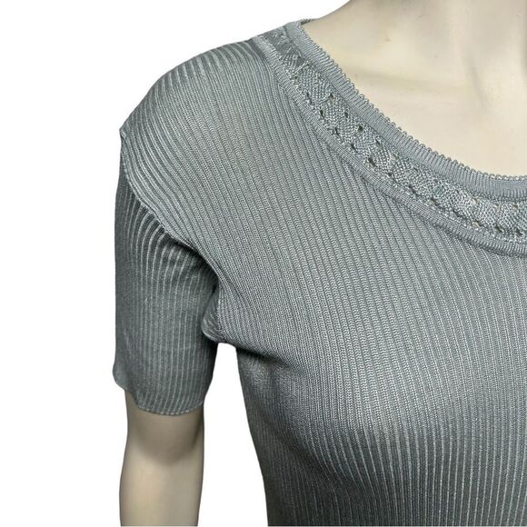 Vintage Handmade  Silky Light Blue Ribbed Short Sleeve Top Blouse - Picture 3 of 8